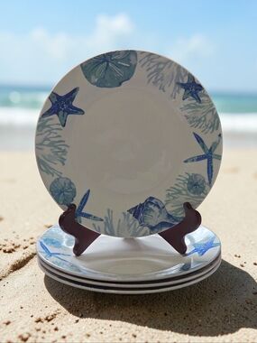 Royal Norfolk Coastal Starfish Dinner Plates Set of 4 Blue Nautical